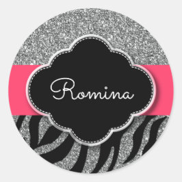 Girl Glitzer Pink Zebra Muster Personalisierter Na Runder Aufkleber