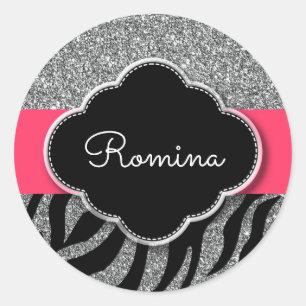 Girl Glitzer Pink Zebra Muster Personalisierter Na Runder Aufkleber
