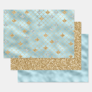 Girl Gold Aqua Blue Glitzer Mermaid Zitat Geschenkpapier Set