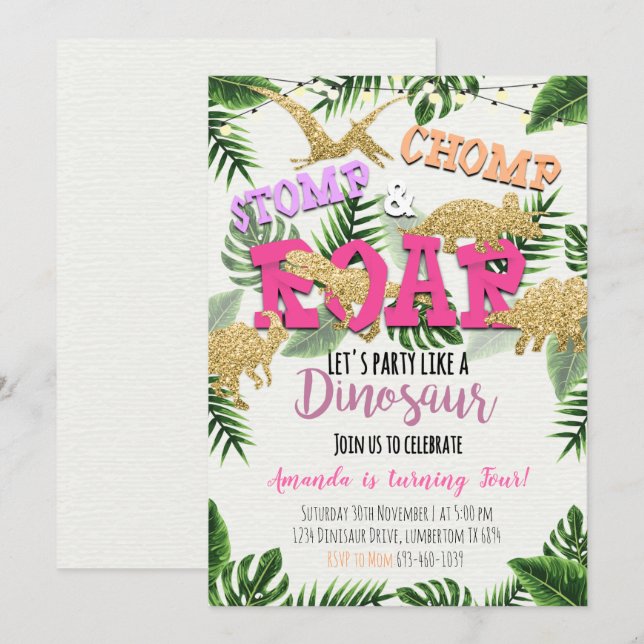 Girl Gold Dinosaur Tropical Birthday Einladung (Vorne/Hinten)