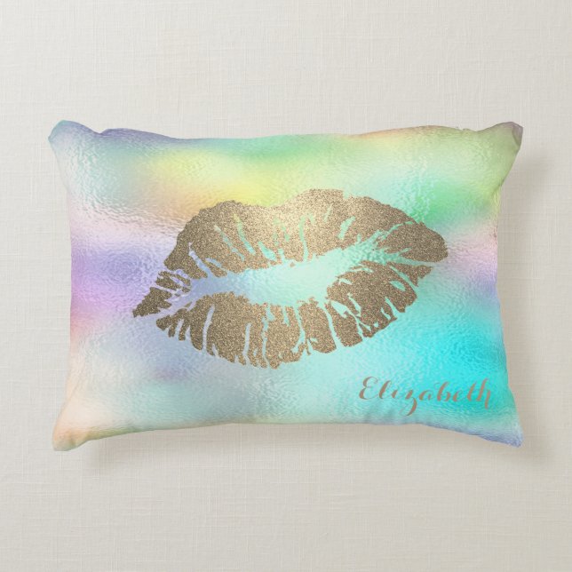 Girl Gold Glitzer Lips Holographic Iridescent Dekokissen (Vorderseite)