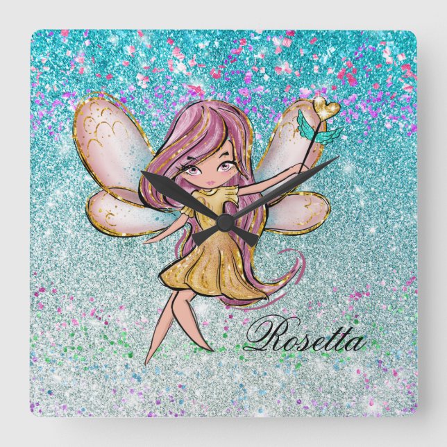Girl Gold Lila Blue Glitzer Sparkone Fairy Dust Quadratische Wanduhr (Vorderseite)
