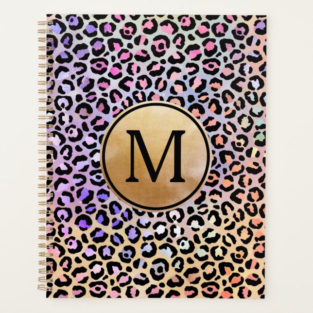 Girl Gold Monogram Iridescent Rainbow Leopard Planer (Vorderseite)