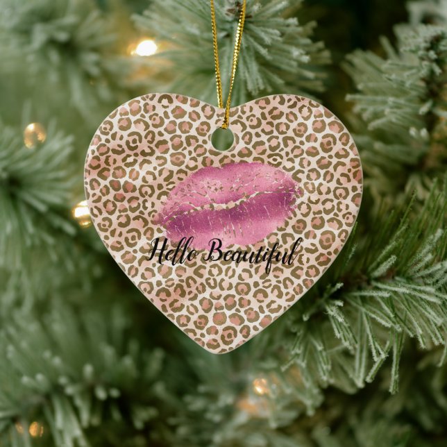 Girl Gold Peach Leopard Print Pink Lips Kiss Keramik Ornament (Baum)