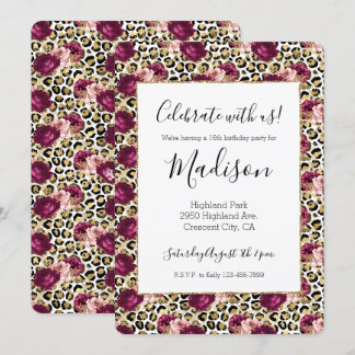 Girl Gold Pink Blütenleopard Print Einladung