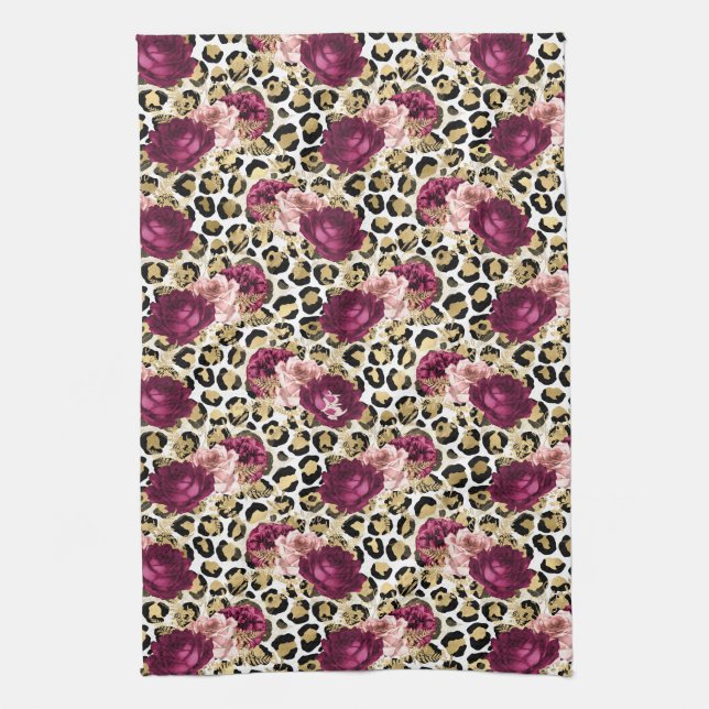Girl Gold Pink Blütenleopard Print Geschirrtuch (Vertikal)