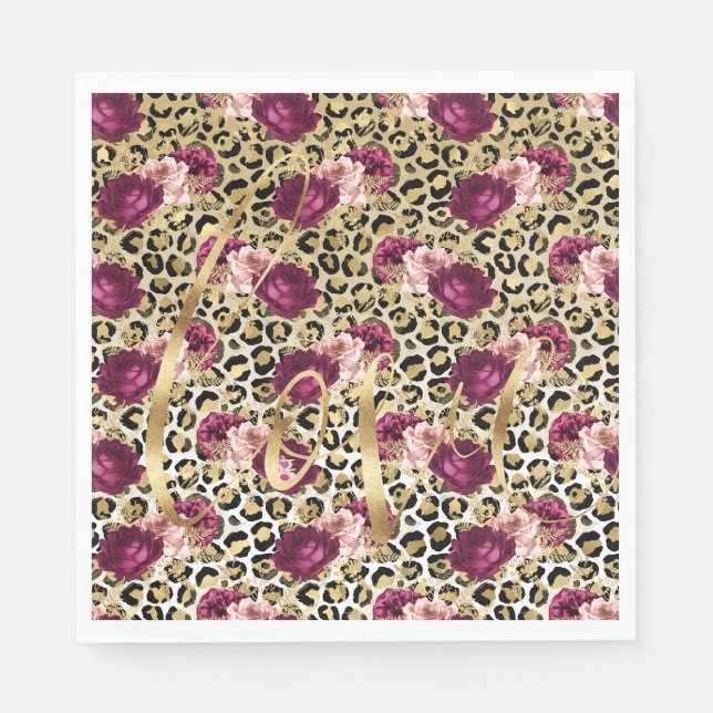 Girl Gold Pink Blütenleopard Print Liebe Serviette (Vorderseite)