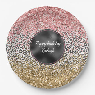 Girl Gold Pink Schwarz-weiß Leopard Print Glitzer Pappteller