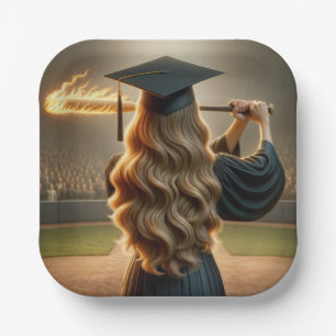 Girl Graduate Swinging a Flaming Baseball Bat Pappteller