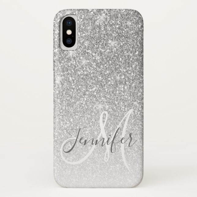 Girl-Graue Silver-Glitzer-Monogramm-Name Case-Mate iPhone Hülle (Rückseite)