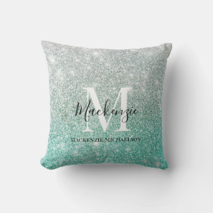 Girl Green Silver Ombre Glitzer Monogram Name Kissen