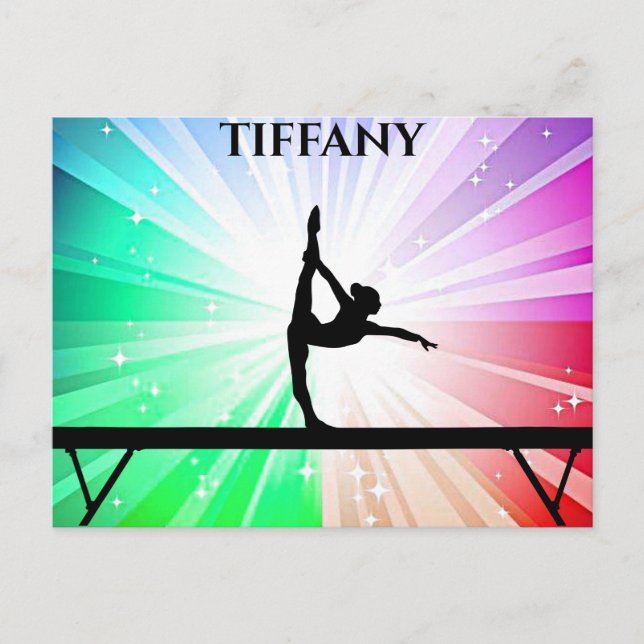 Girl Gymnast auf Balancebrach über Regenbogenbruch Postkarte (Vorderseite)