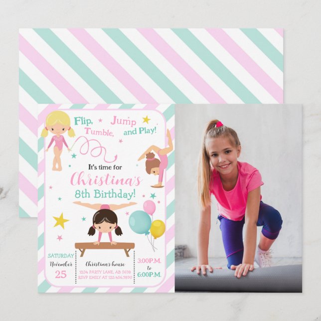 Girl Gymnastics Foto Einladung (Vorne/Hinten)