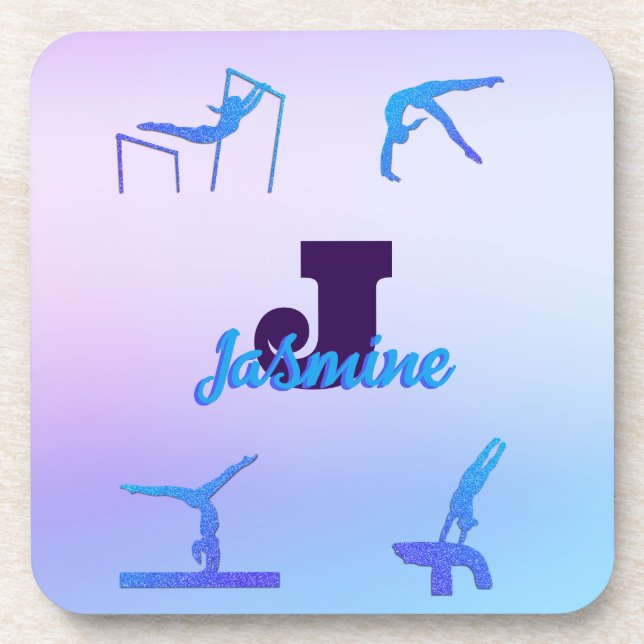 Girl Gymnastik Blue Lila Monogram Personalisiert Getränkeuntersetzer (Vorderseite)