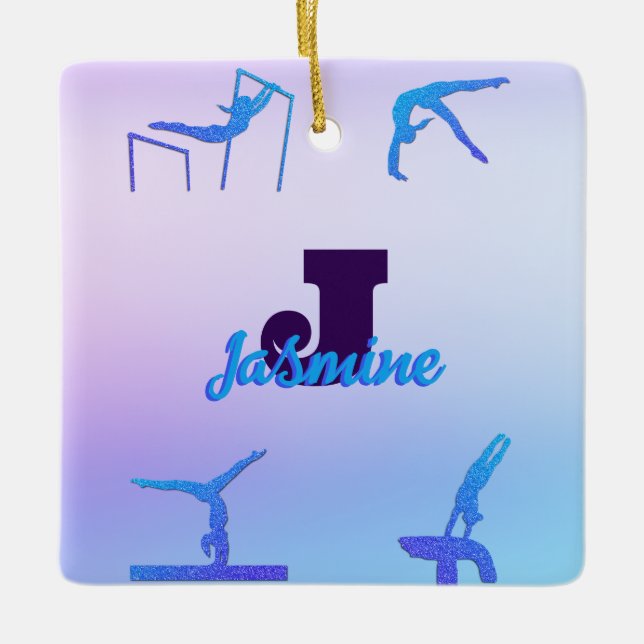 Girl Gymnastik Blue Lila Monogram Personalisiert Keramikornament (Vorderseite)