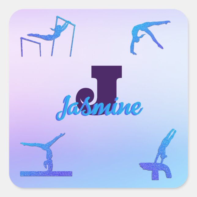 Girl Gymnastik Blue Lila Monogram Personalisiert Quadratischer Aufkleber (Vorderseite)