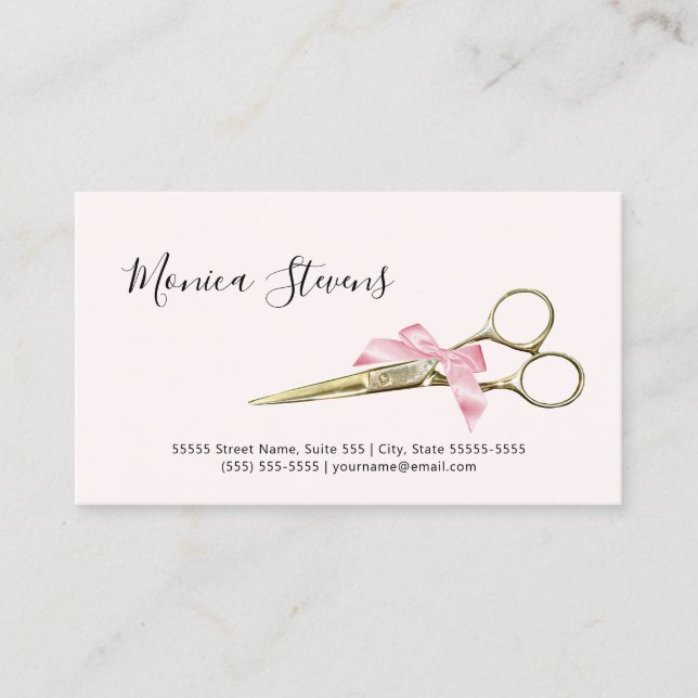 Girl-Hair-Stylist-Gold-Schere mit rosa Bow Visitenkarte (Vorderseite)