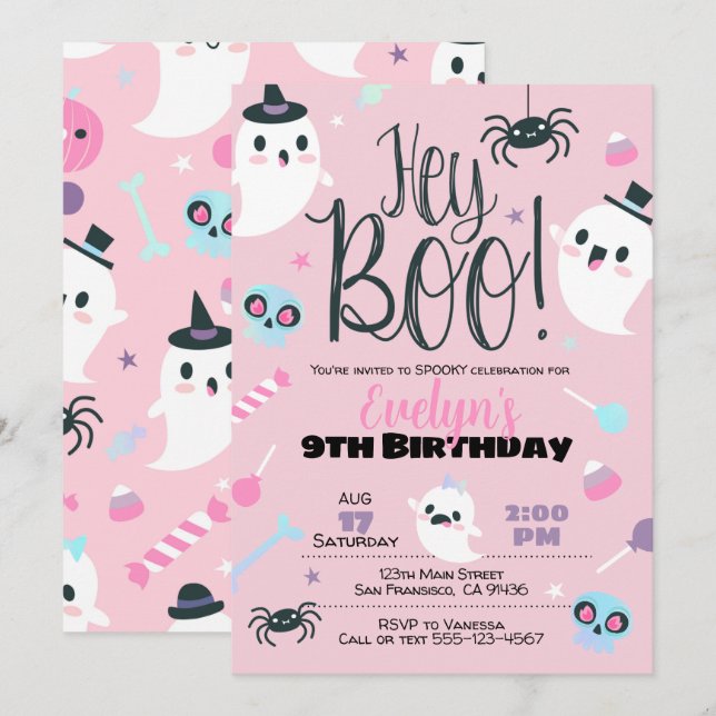 Girl Halloween Einladung zum Geburtstag, Pastel (Vorne/Hinten)