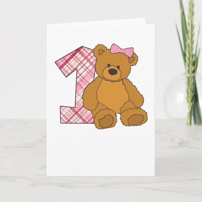 Girl Happy 1st Birthday Bear with 1 and Pink Bow Karte (Vorderseite)
