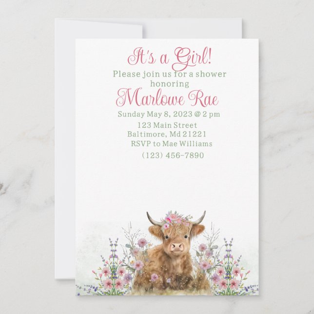 Girl Highland Cow Baby Dusche Einladung (Vorderseite)