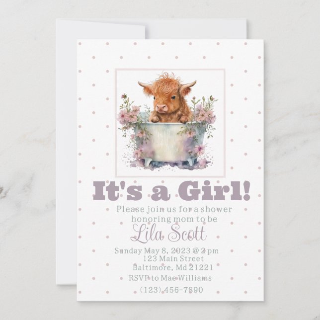 Girl Highland Cow Baby Dusche Einladung (Vorderseite)