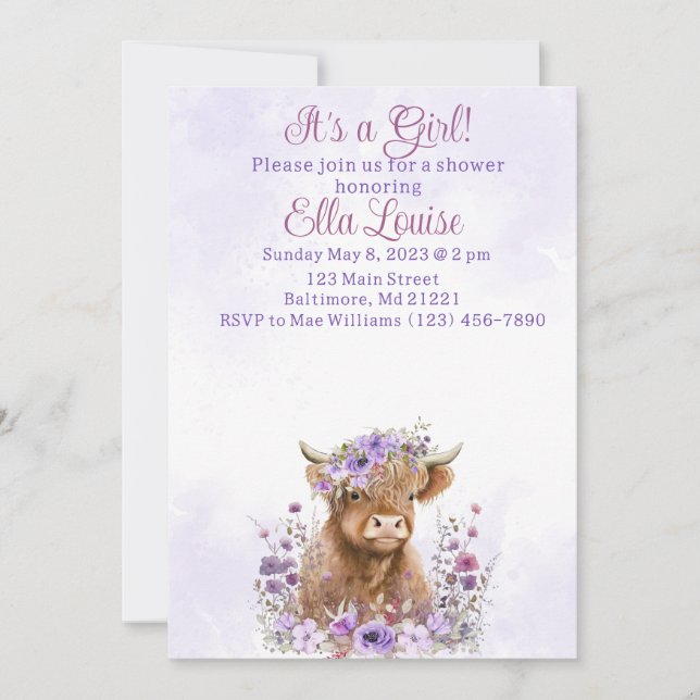 Girl Highland Cow Baby Dusche Einladung (Vorderseite)