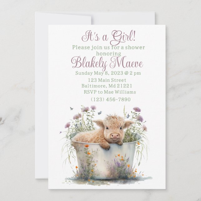 Girl Highland Cow Baby Dusche Einladung (Vorderseite)