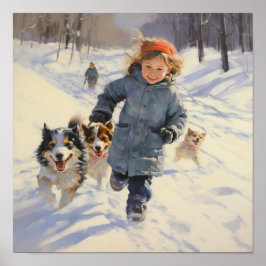 Girl Hiking in the Snow with her Dogs Poster