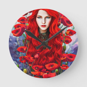 Girl Hive in Poppy Blume Fantasy Art Runde Wanduhr