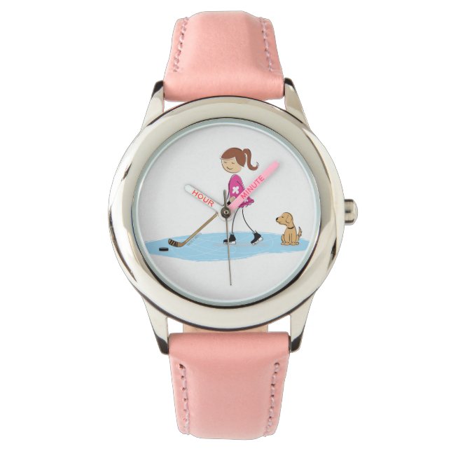 Girl Hockey Cartoon Pink Armbanduhr (Vorderseite)