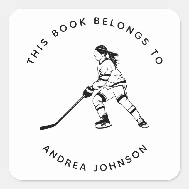 Girl Hockey Player Silhouette Kinderschule Buchzei Quadratischer Aufkleber (Vorderseite)