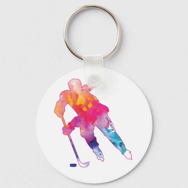 Girl Hockey Player Watercolor Schlüsselanhänger (Vorderseite)