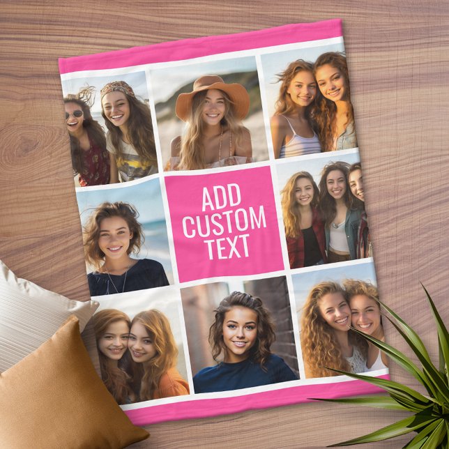 Girl Hot Pink 8 Square Foto Collage Monogramm Fleecedecke (Personalized Fleece Blanket)