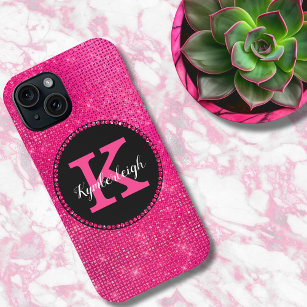 Girl Hot Pink Black Glam Diamond Monogram Name Case-Mate iPhone 14 Plus Hülle