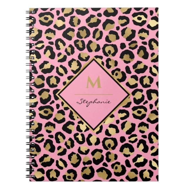 Girl Hot Pink Black & Gold Leopard Print Monogram Notizblock (Vorderseite)
