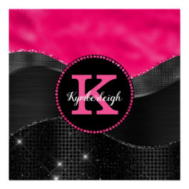 Girl Hot Pink Black Gray Waves Glam Monogram Name Poster
