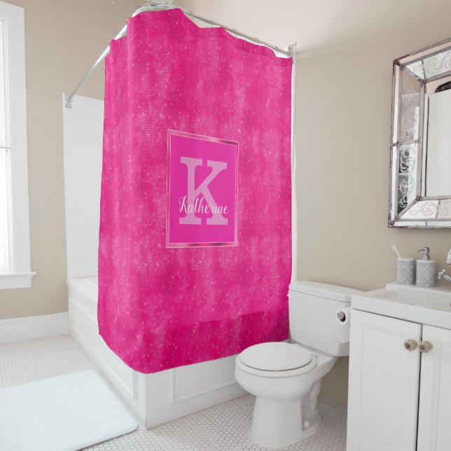 Girl-Hot-Pink-Diamantspinnstoff Modernes Monogramm Duschvorhang (Beispiel)