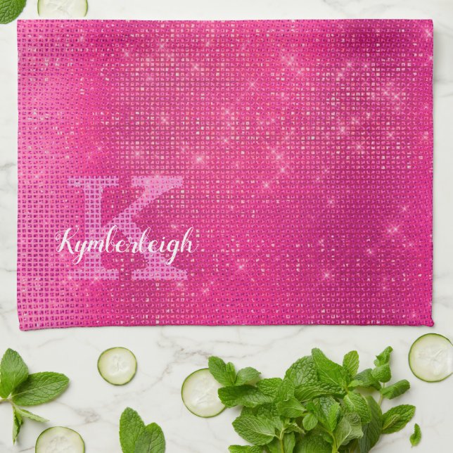 Girl Hot Pink Glam Diamond Sparkle Monogram Name Geschirrtuch (Gefaltet)