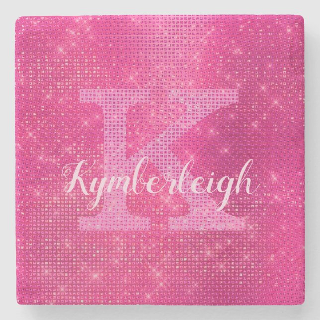 Girl Hot Pink Glam Diamond Sparkle Monogram Name Steinuntersetzer (Vorderseite)