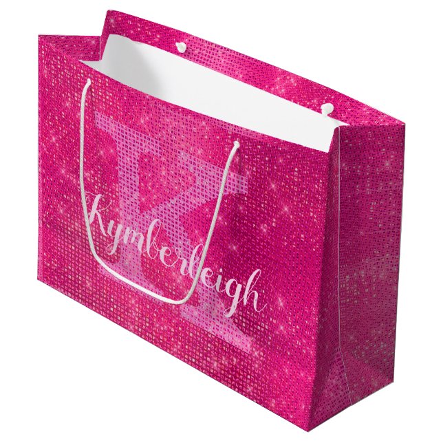 Girl-Hot-Pink-Glam Diamond-Sparkone Monogramm-Name Große Geschenktüte (Vorderseite Schrägansicht)