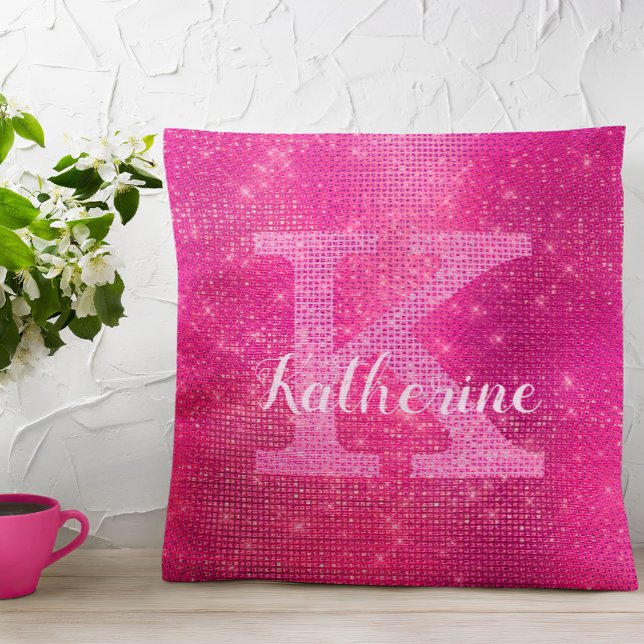 Girl Hot Pink Glitzer Glam Sparkle Monogram Name Kissen (Von Creator hochgeladen)