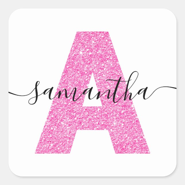 Girl Hot Pink Glitzer Letter A Monogram Quadratischer Aufkleber (Vorderseite)