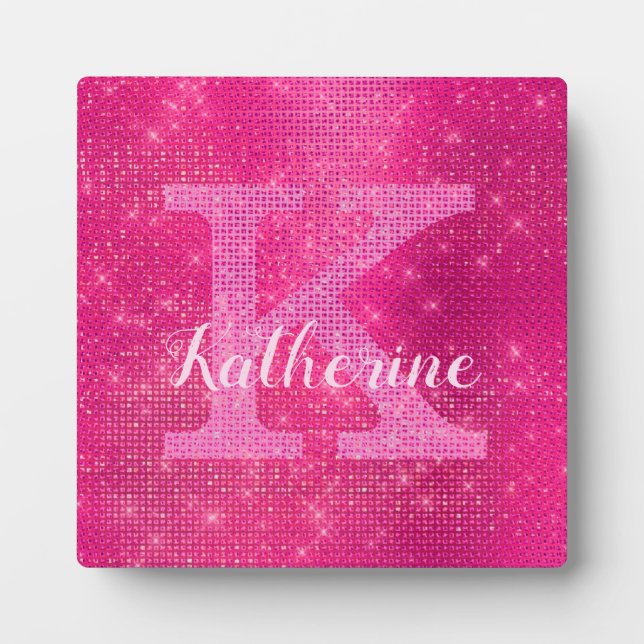 Girl Hot Pink Glitzer Sparkle Glam Monogram Name Fotoplatte (Vorderseite)