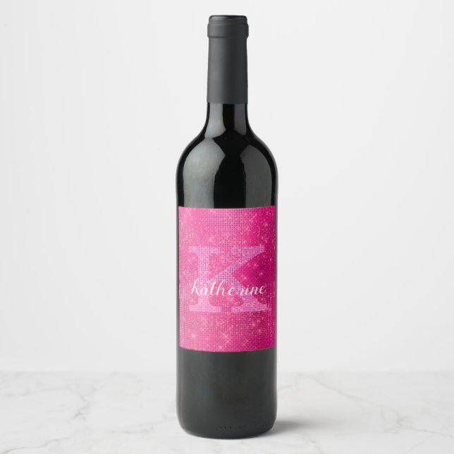 Girl Hot Pink Glitzer Sparkle Glam Monogram Name Weinetikett (Vorderseite)