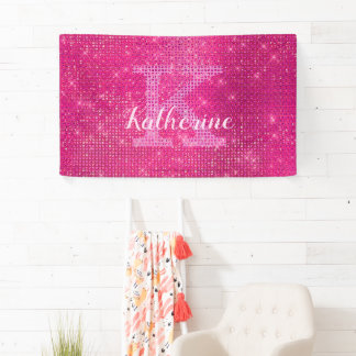 Girl Hot Pink Glitzer Sparkle Monogram Name Dorm Banner