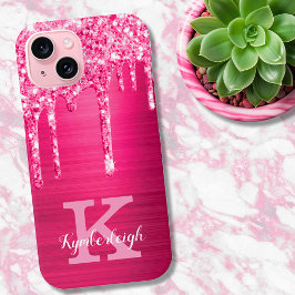 Girl Hot Pink Glitzer Tropfen Glam Monogram Name Case-Mate iPhone Hülle