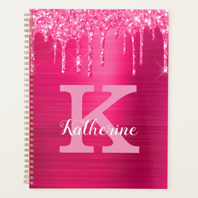 Girl Hot Pink Glitzer Tropfen Glam Monogram Name Planer (Vorderseite)