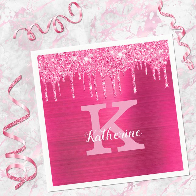 Girl Hot Pink Glitzer Tropfen Glam Monogram Name Serviette (Von Creator hochgeladen)