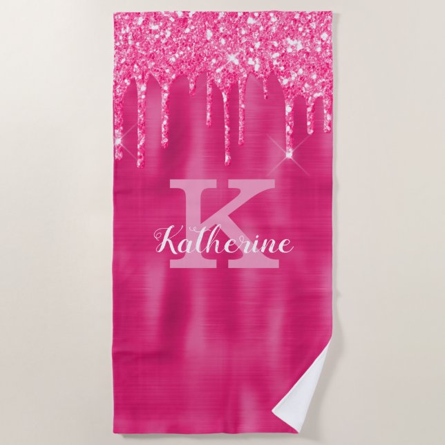 Girl Hot Pink Glitzer Tropfen Glam Monogram Name Strandtuch (Vorderseite)
