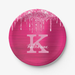 Girl-Hot-Pink-Glitzer-Tropfen Glam Monogramm-Name Pappteller